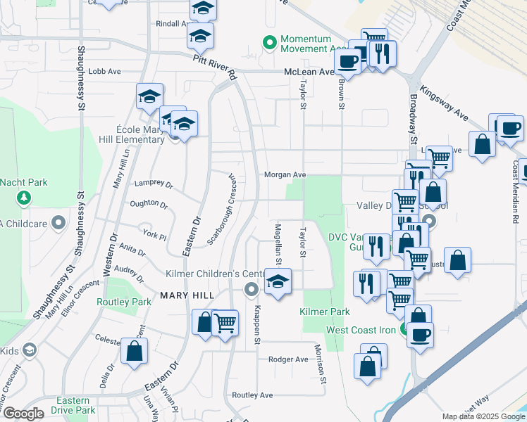 map of restaurants, bars, coffee shops, grocery stores, and more near 1725 Pitt River Road in Port Coquitlam