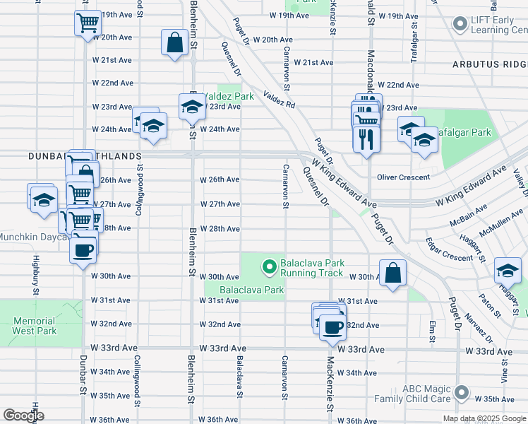 map of restaurants, bars, coffee shops, grocery stores, and more near 3098 West 27th Avenue in Vancouver