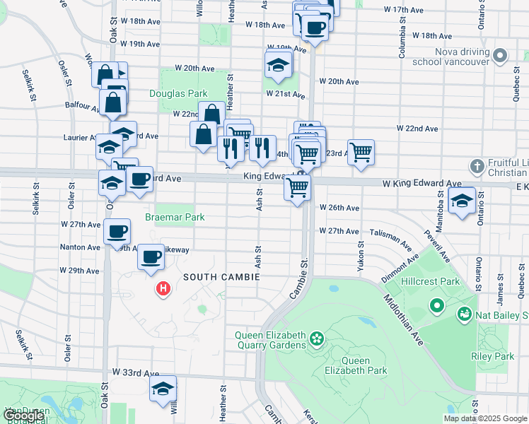 map of restaurants, bars, coffee shops, grocery stores, and more near 590 West 26th Avenue in Vancouver