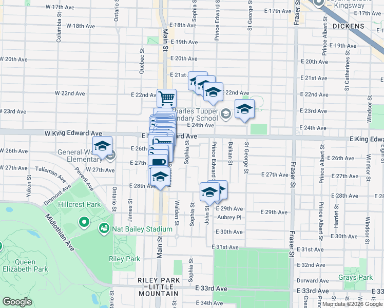 map of restaurants, bars, coffee shops, grocery stores, and more near 319 East 26th Avenue in Vancouver
