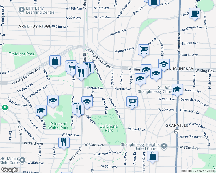 map of restaurants, bars, coffee shops, grocery stores, and more near 1949 Nanton Avenue in Vancouver
