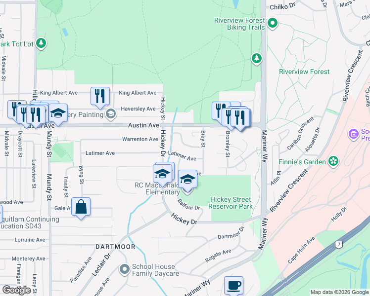 map of restaurants, bars, coffee shops, grocery stores, and more near 2558 Burian Drive in Coquitlam
