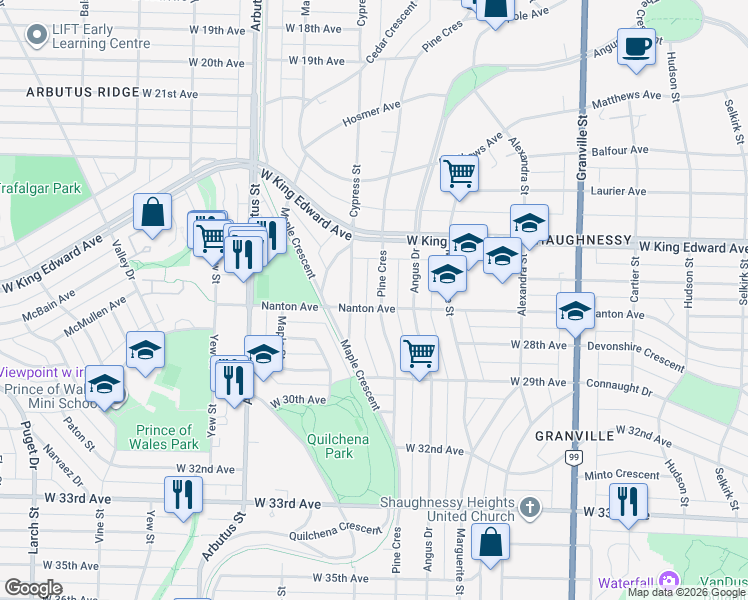 map of restaurants, bars, coffee shops, grocery stores, and more near 4281 Pine Crescent in Vancouver