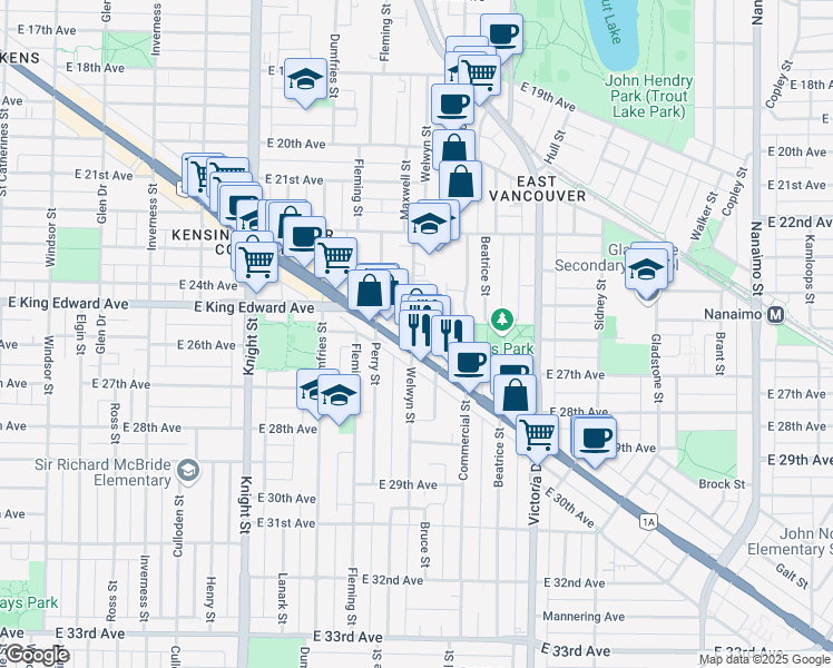 map of restaurants, bars, coffee shops, grocery stores, and more near 4176 Welwyn Street in Vancouver