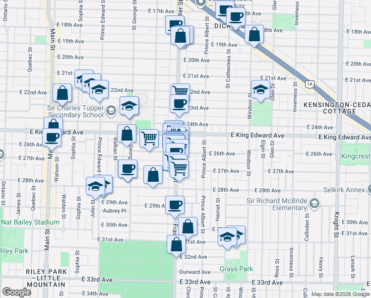 map of restaurants, bars, coffee shops, grocery stores, and more near in Vancouver