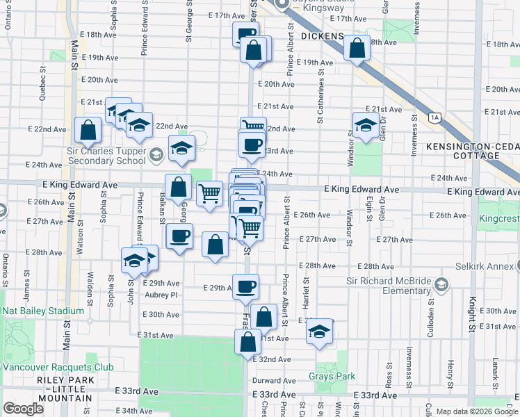 map of restaurants, bars, coffee shops, grocery stores, and more near 721 West 26th Avenue in Vancouver