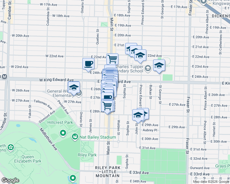 map of restaurants, bars, coffee shops, grocery stores, and more near 219 East 26th Avenue in Vancouver