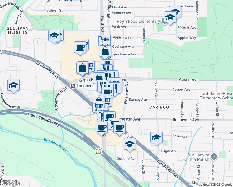 map of restaurants, bars, coffee shops, grocery stores, and more near in Coquitlam