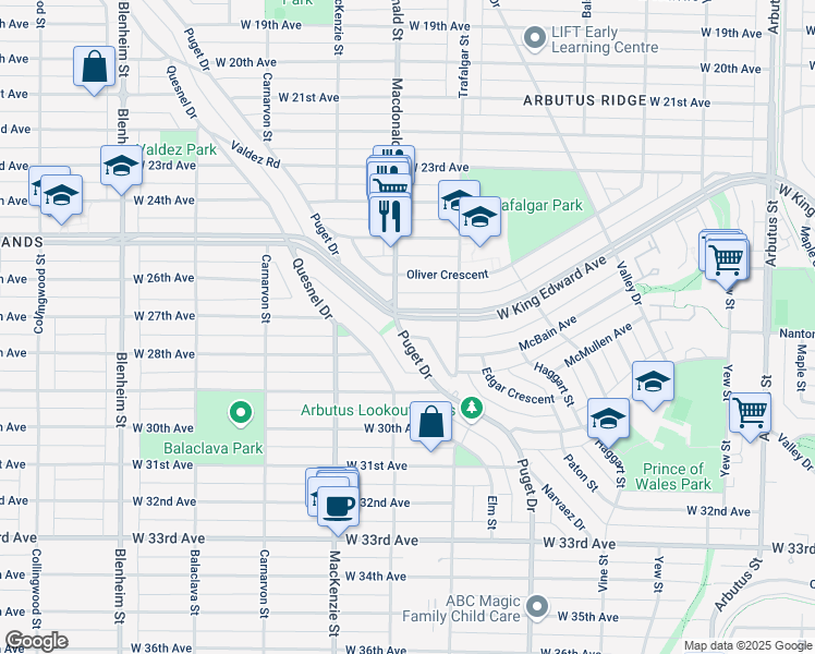 map of restaurants, bars, coffee shops, grocery stores, and more near 2768 West King Edward Avenue in Vancouver