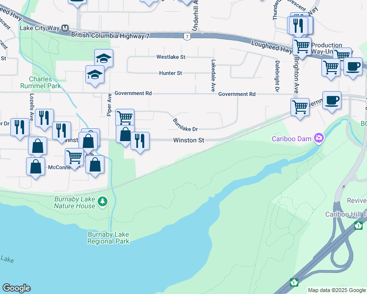 map of restaurants, bars, coffee shops, grocery stores, and more near 8128 Winston Street in Burnaby