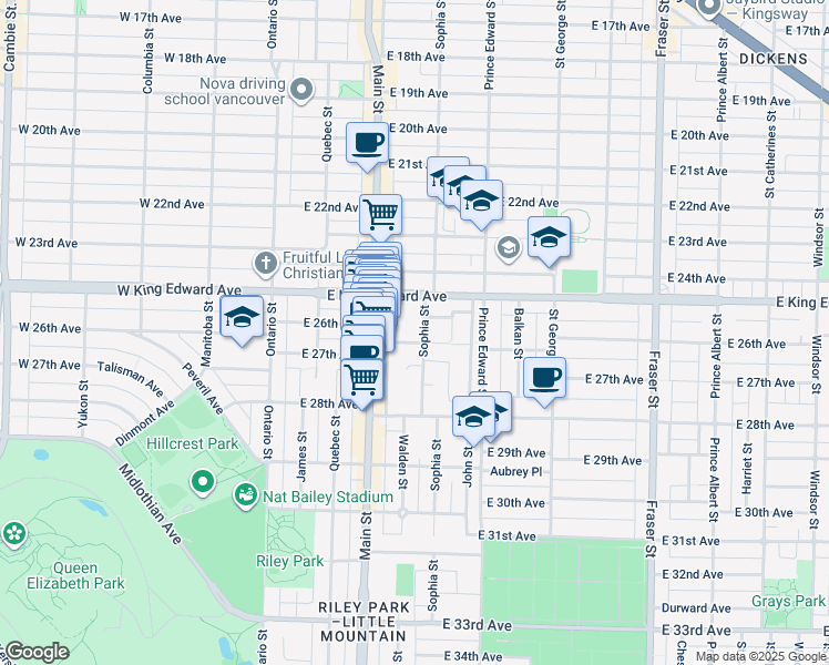 map of restaurants, bars, coffee shops, grocery stores, and more near 279 East 26th Avenue in Vancouver