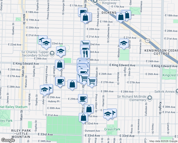map of restaurants, bars, coffee shops, grocery stores, and more near 733 East 26th Avenue in Vancouver