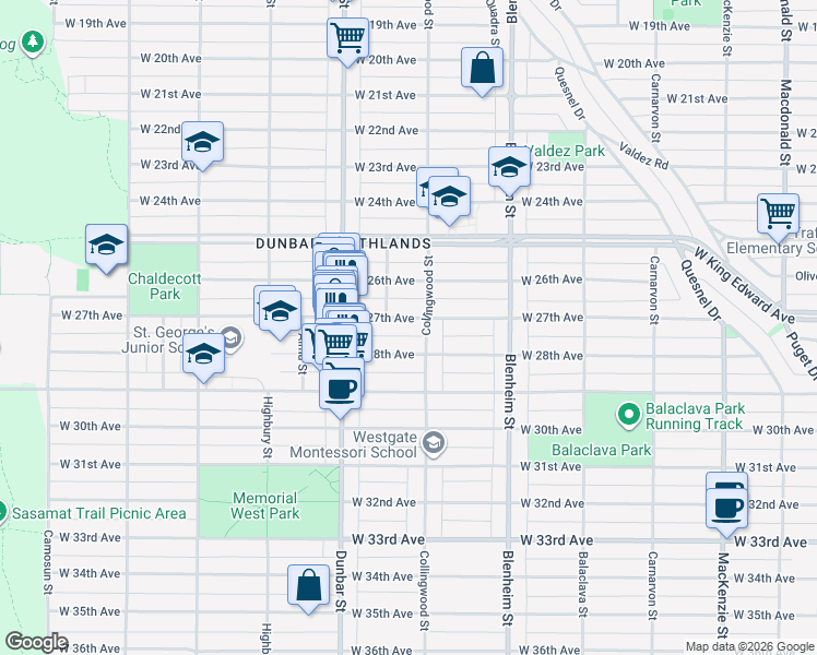 map of restaurants, bars, coffee shops, grocery stores, and more near in Vancouver