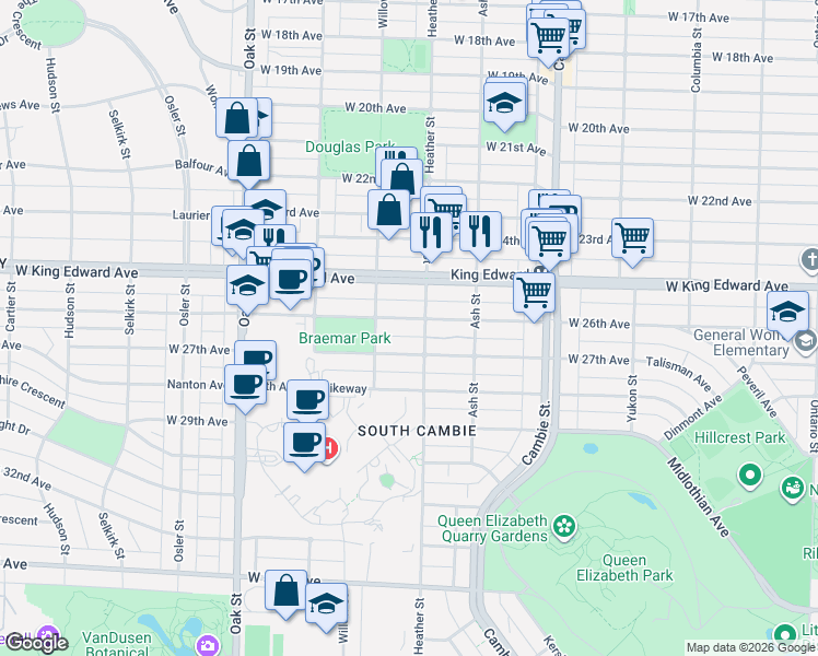map of restaurants, bars, coffee shops, grocery stores, and more near 732 West 26th Avenue in Vancouver