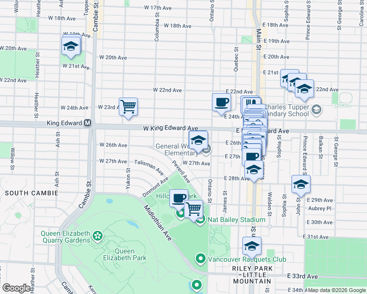 map of restaurants, bars, coffee shops, grocery stores, and more near 108 West 26th Avenue in Vancouver
