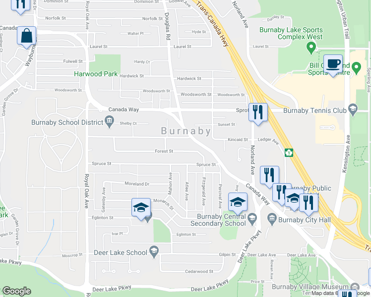 map of restaurants, bars, coffee shops, grocery stores, and more near 5691 Forest Street in Burnaby