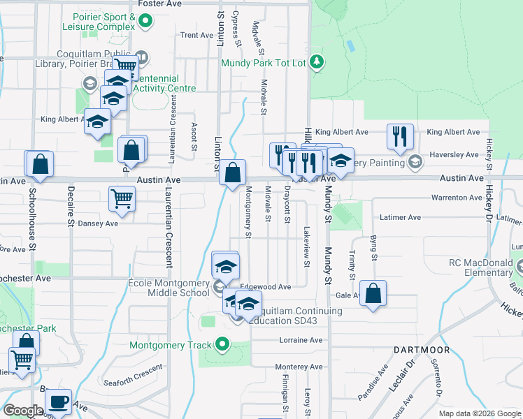 map of restaurants, bars, coffee shops, grocery stores, and more near 480 Midvale Street in Coquitlam