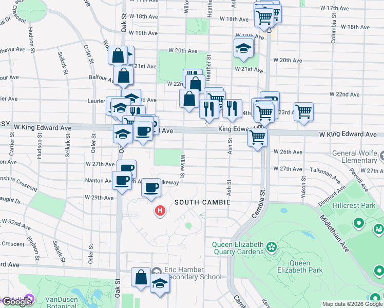 map of restaurants, bars, coffee shops, grocery stores, and more near 762 West 26th Avenue in Vancouver