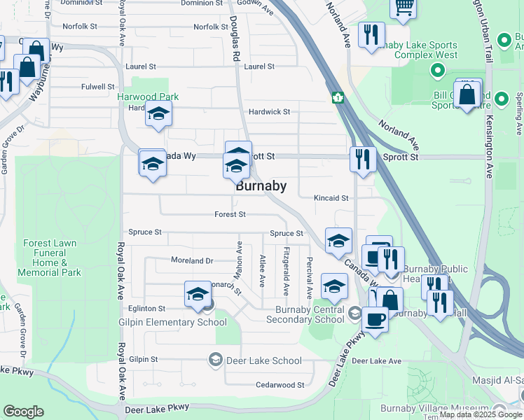 map of restaurants, bars, coffee shops, grocery stores, and more near 5695 Forest Street in Burnaby