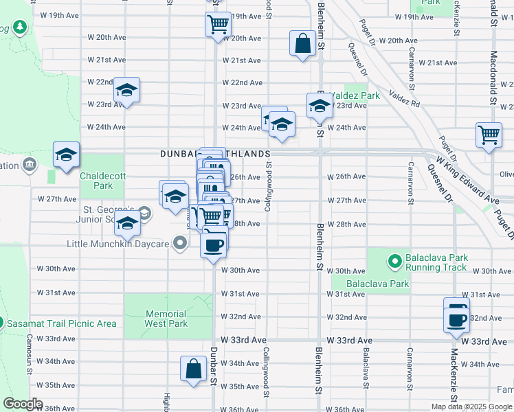 map of restaurants, bars, coffee shops, grocery stores, and more near 3522 West 27th Avenue in Vancouver