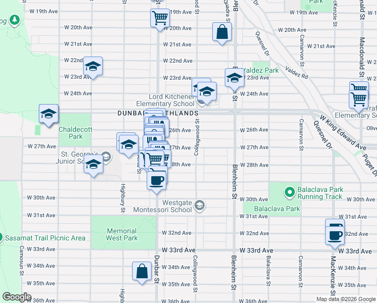 map of restaurants, bars, coffee shops, grocery stores, and more near 3522 West 27th Avenue in Vancouver