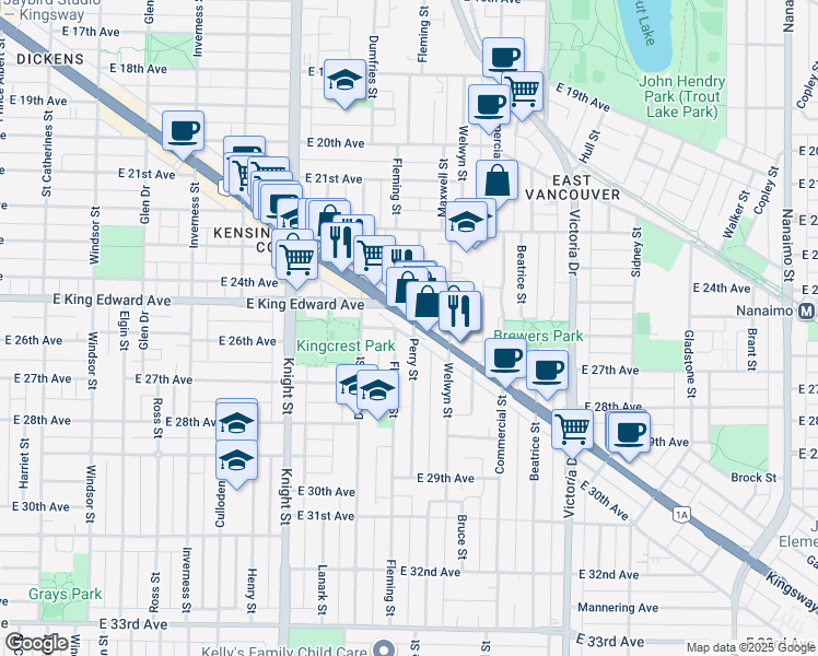 map of restaurants, bars, coffee shops, grocery stores, and more near 4195 Perry Street in Vancouver
