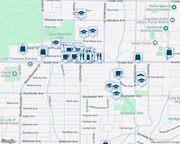 map of restaurants, bars, coffee shops, grocery stores, and more near 1116 Charland Avenue in Coquitlam