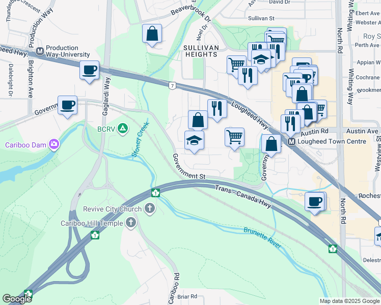 map of restaurants, bars, coffee shops, grocery stores, and more near 12 Halston Court in Burnaby