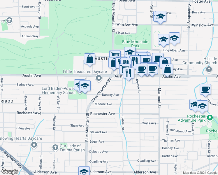 map of restaurants, bars, coffee shops, grocery stores, and more near 944 Charland Avenue in Coquitlam