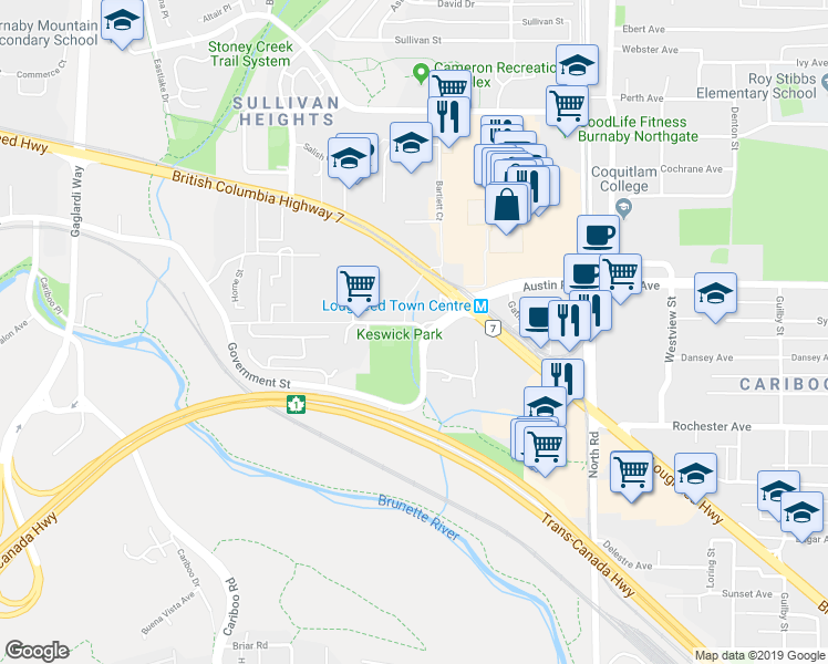 map of restaurants, bars, coffee shops, grocery stores, and more near 9476 Cardston Court in Burnaby