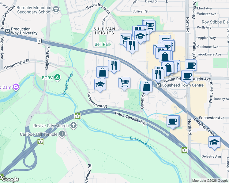 map of restaurants, bars, coffee shops, grocery stores, and more near 9088 Halston Court in Burnaby