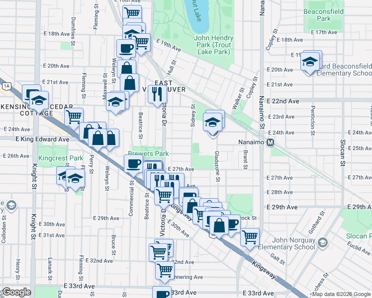map of restaurants, bars, coffee shops, grocery stores, and more near 2087 East 26th Avenue in Vancouver
