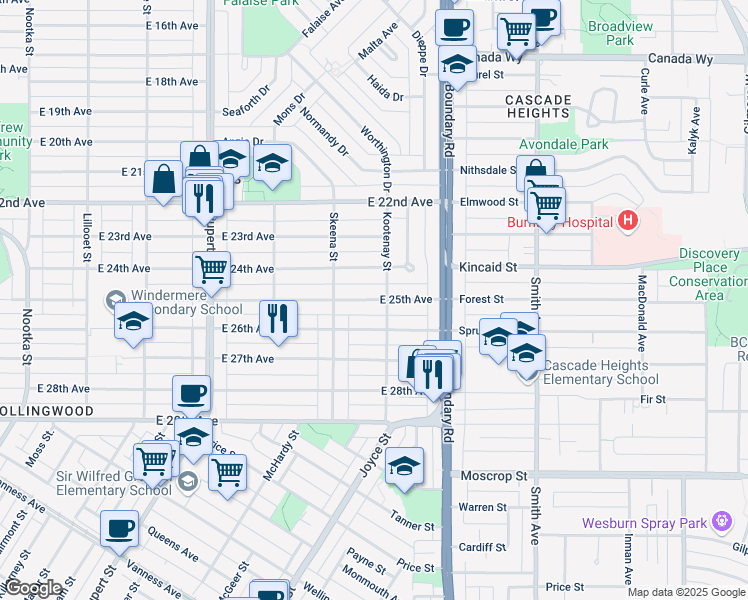 map of restaurants, bars, coffee shops, grocery stores, and more near 3578 East 25th Avenue in Vancouver