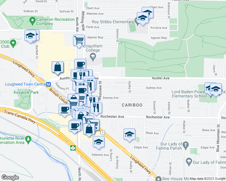 map of restaurants, bars, coffee shops, grocery stores, and more near 594 Sydney Avenue in Coquitlam