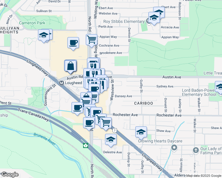 map of restaurants, bars, coffee shops, grocery stores, and more near in Coquitlam