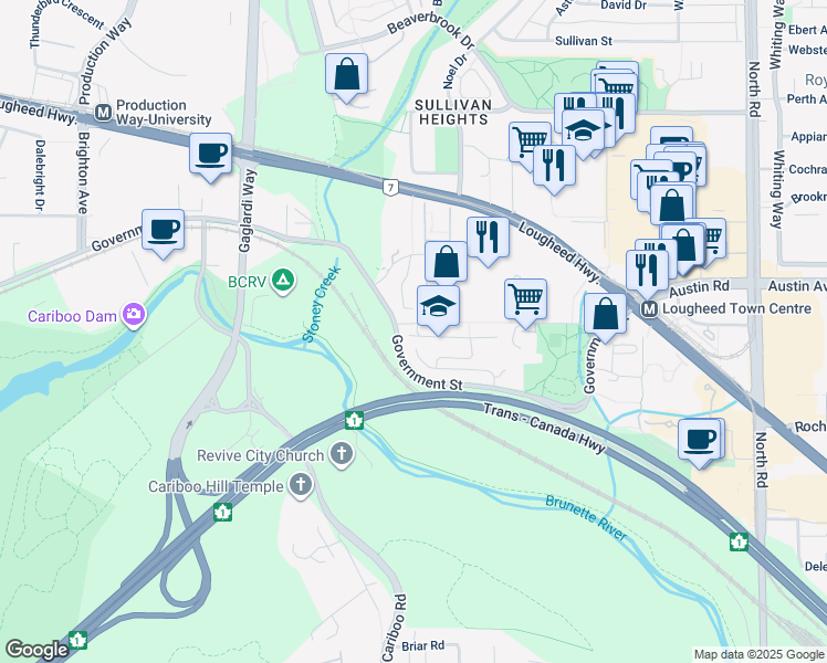 map of restaurants, bars, coffee shops, grocery stores, and more near 12 Halston Court in Burnaby