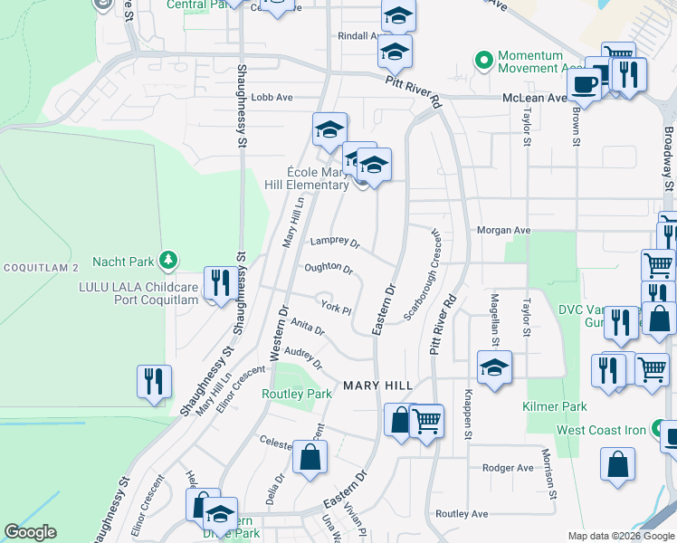 map of restaurants, bars, coffee shops, grocery stores, and more near 1714 Oughton Drive in Port Coquitlam