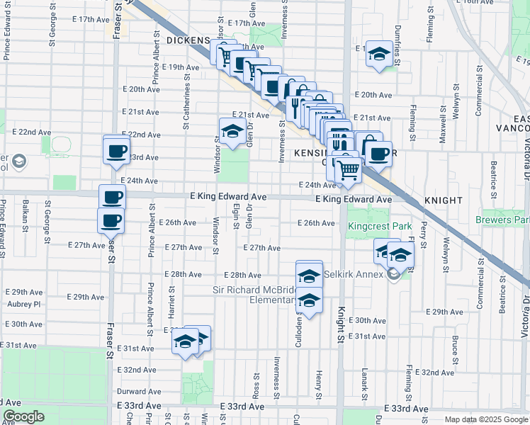 map of restaurants, bars, coffee shops, grocery stores, and more near 1165 East 26th Avenue in Vancouver