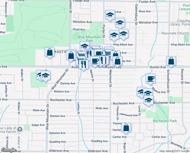 map of restaurants, bars, coffee shops, grocery stores, and more near 1034 Charland Avenue in Coquitlam