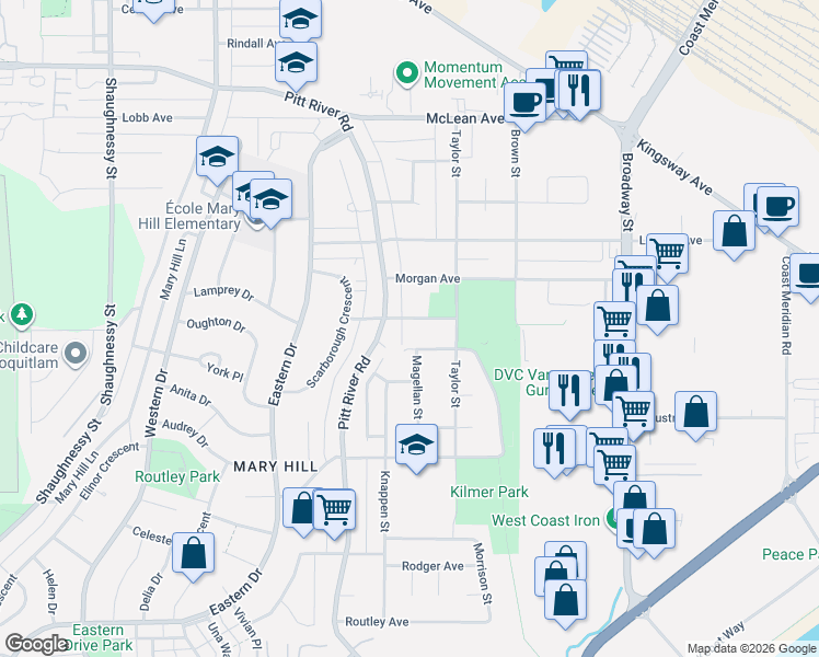 map of restaurants, bars, coffee shops, grocery stores, and more near 1960 Cameron Avenue in Port Coquitlam