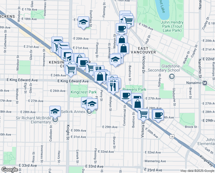 map of restaurants, bars, coffee shops, grocery stores, and more near in Vancouver