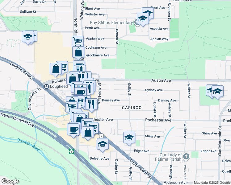 map of restaurants, bars, coffee shops, grocery stores, and more near 594 Sydney Avenue in Coquitlam