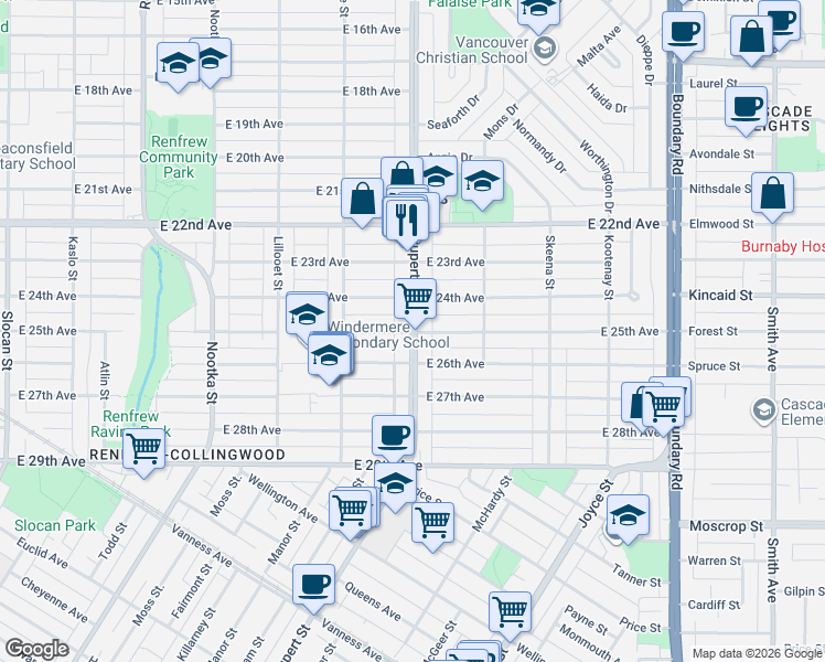 map of restaurants, bars, coffee shops, grocery stores, and more near 2362 Rupert Street in Vancouver