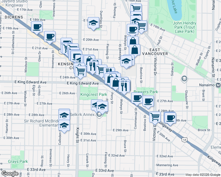 map of restaurants, bars, coffee shops, grocery stores, and more near 1594 Kingsway in Vancouver