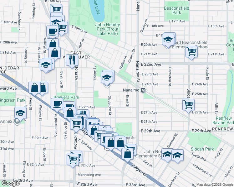 map of restaurants, bars, coffee shops, grocery stores, and more near 2236 East 25th Avenue in Vancouver