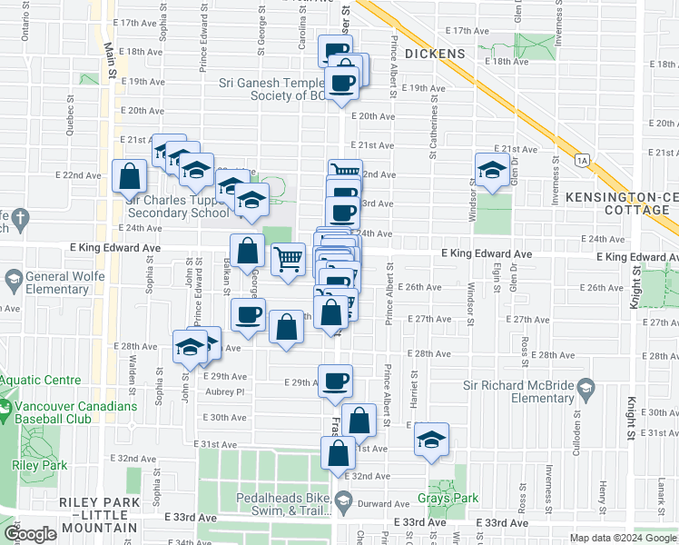 map of restaurants, bars, coffee shops, grocery stores, and more near 4168 Fraser Street in Vancouver
