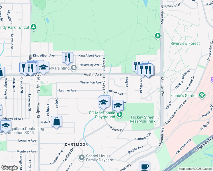 map of restaurants, bars, coffee shops, grocery stores, and more near 2507 Burian Drive in Coquitlam