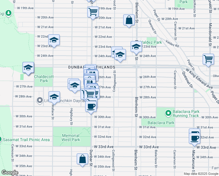 map of restaurants, bars, coffee shops, grocery stores, and more near 3522 West 27th Avenue in Vancouver