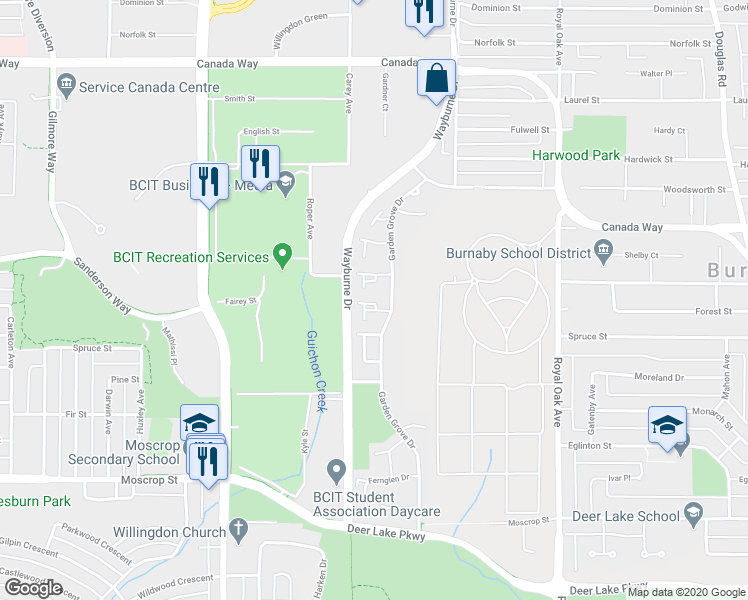 map of restaurants, bars, coffee shops, grocery stores, and more near 4757 Driftwood Place in Burnaby
