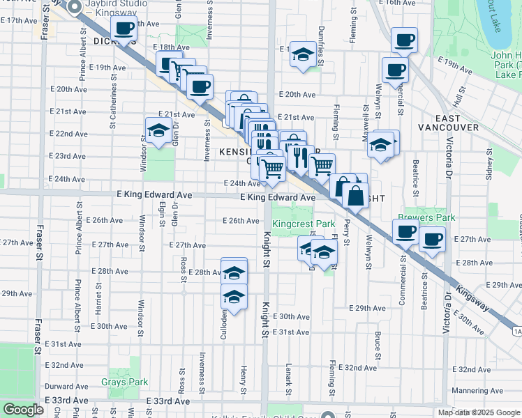 map of restaurants, bars, coffee shops, grocery stores, and more near 4151 Knight Street in Vancouver